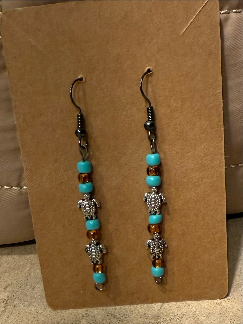 Turquoise and Amber Bead Drop Earrings with Silver Turtle Charms